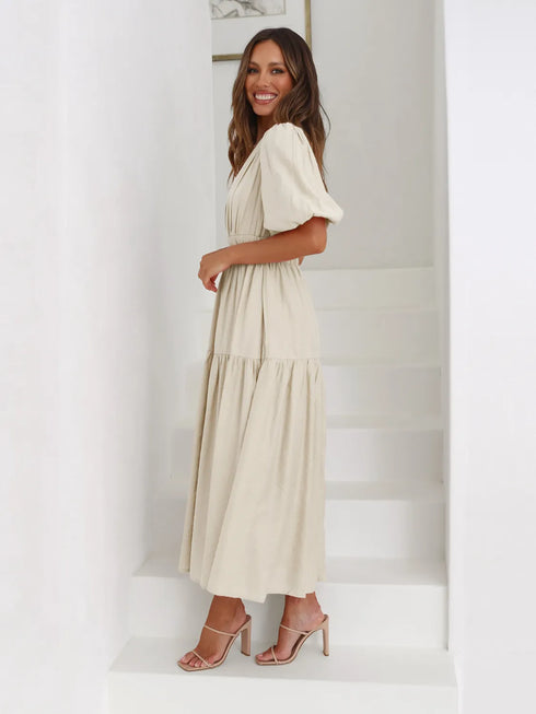 Tiered Surplice Half Sleeve Midi Dress