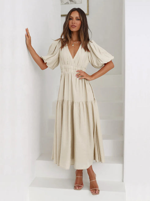 Tiered Surplice Half Sleeve Midi Dress
