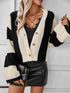 Waffle-Knit V-Neck Striped Long Sleeve Cardigan