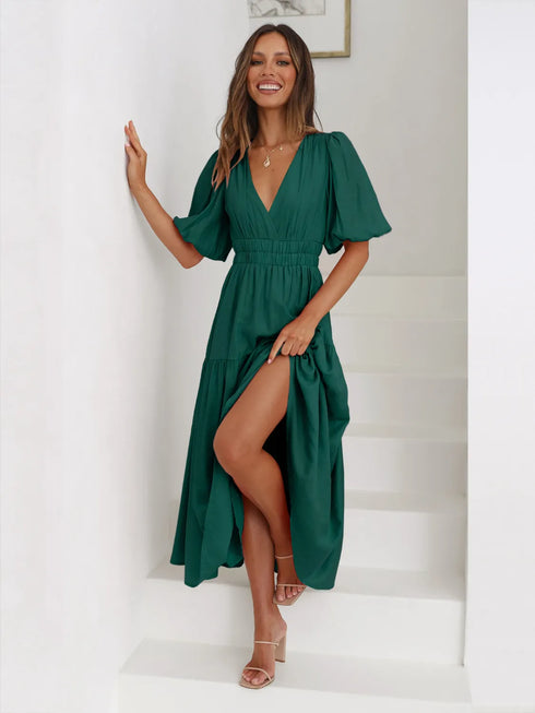 Tiered Surplice Half Sleeve Midi Dress