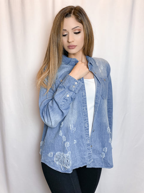 Distressed Light Blue Denim Button Up Shirt