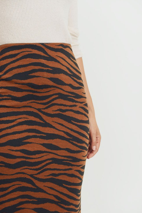 Tiger Print Double Knit Midi Skirt