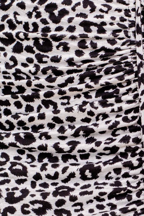 Leopard Print Rouched Grey-Black Midi Skirt