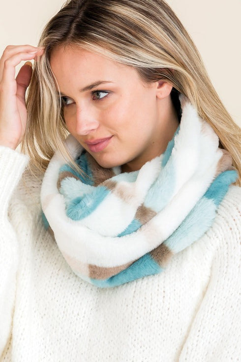 Aqua Plaid Faux Fur Infinity Scarf