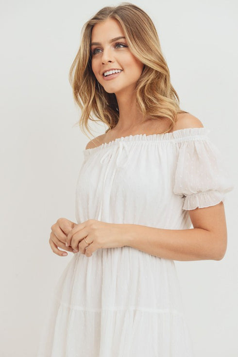 Blissful Flowerchild Off-Shoulder Puff Sleeve White Dress