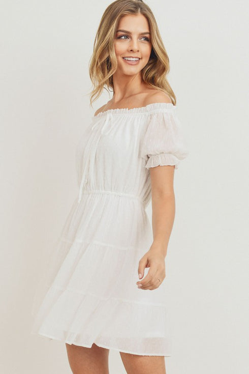 Blissful Flowerchild Off-Shoulder Puff Sleeve White Dress