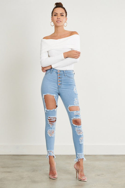 5 Button Distressed Light Blue Skinny Jeans
