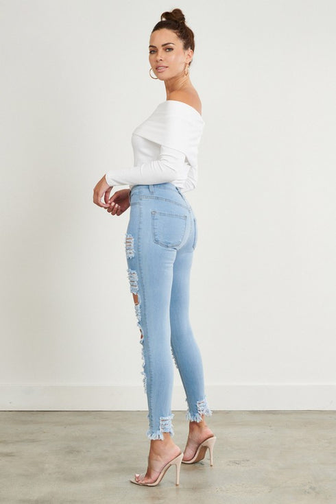 5 Button Distressed Light Blue Skinny Jeans