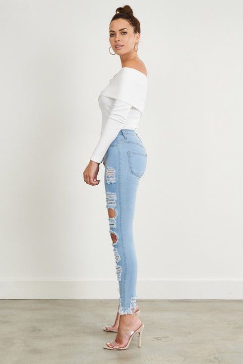 5 Button Distressed Light Blue Skinny Jeans