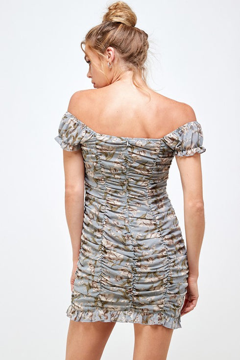 Olivia Floral Light Blue Ruched Mini Dress