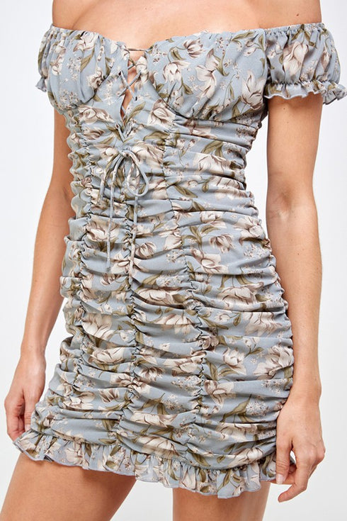 Olivia Floral Light Blue Ruched Mini Dress