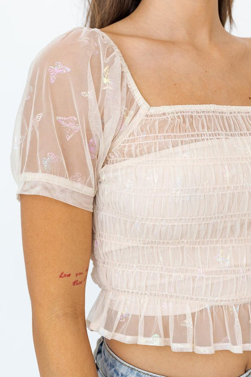 Butterfly Love Ivory Mesh Crop Top