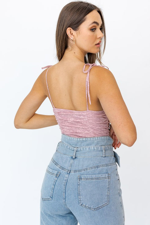 Secret Garden Shoulder Tie Lace Pink Bodysuit