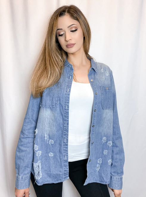 Distressed Light Blue Denim Button Up Shirt