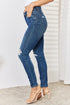 High Waist Distressed Dark Blue Slim Jeans