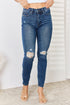 High Waist Distressed Dark Blue Slim Jeans