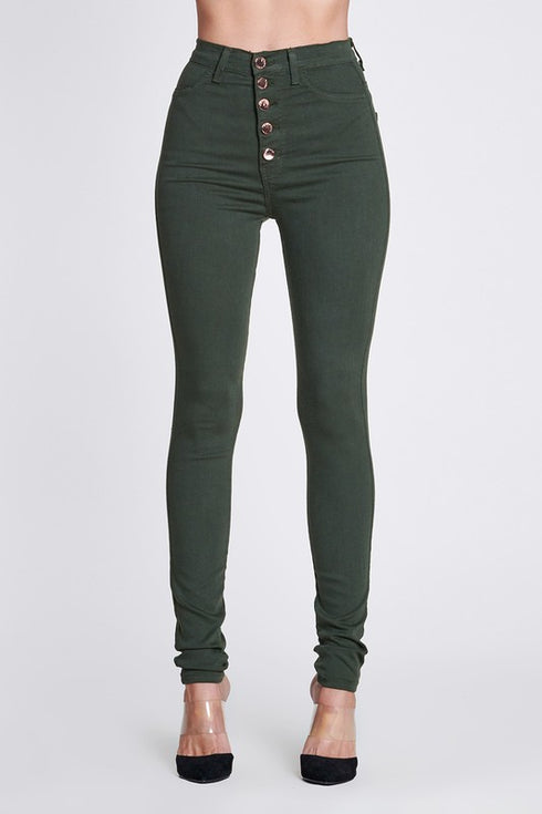 5 Button High-Waisted Olive Green Jeans