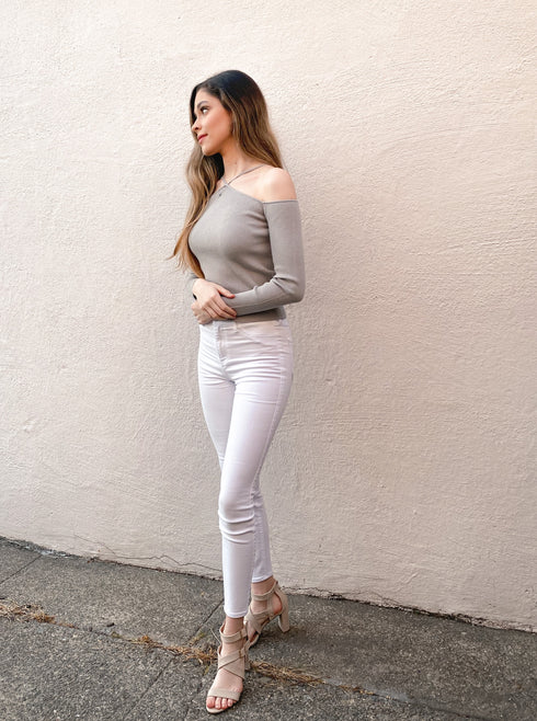 Light Sage Cross Open Shoulder Ribbed Sweater Top