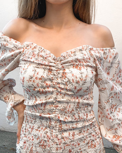 Carefree Love Floral Long Sleeve Ruching Dress