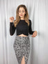 Leopard Print Rouched Grey-Black Midi Skirt
