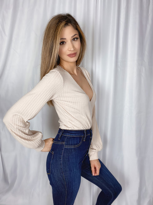 City Beige Long Sleeve Knit Bodysuit
