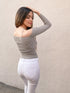 Light Sage Cross Open Shoulder Ribbed Sweater Top