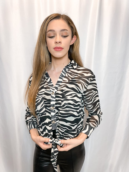 Classy Zebra Print Mesh Front Tie Blouse