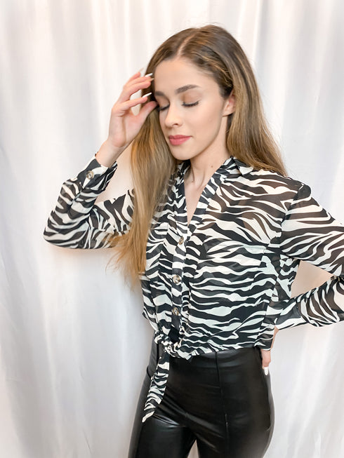 Classy Zebra Print Mesh Front Tie Blouse