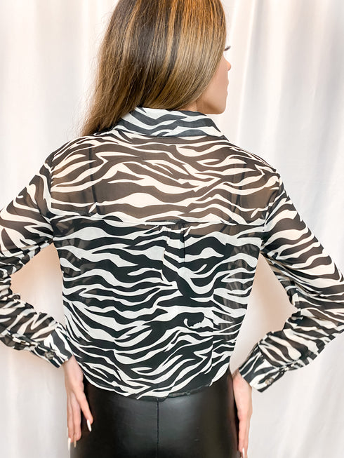 Classy Zebra Print Mesh Front Tie Blouse