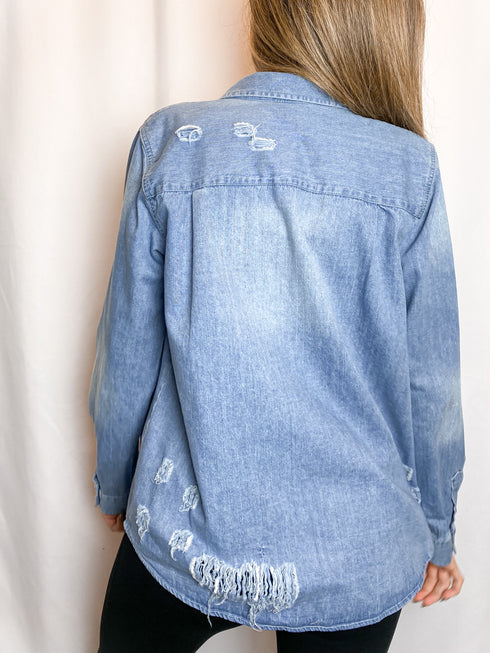 Distressed Light Blue Denim Button Up Shirt