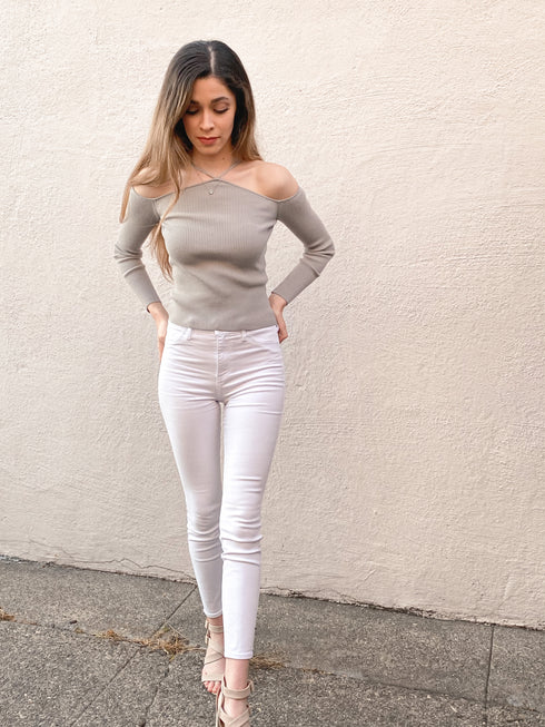 Light Sage Cross Open Shoulder Ribbed Sweater Top