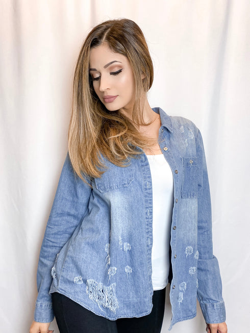 Distressed Light Blue Denim Button Up Shirt