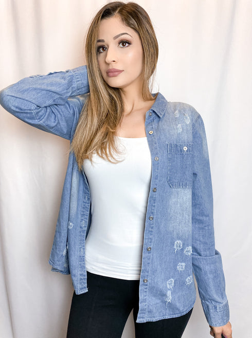 Distressed Light Blue Denim Button Up Shirt