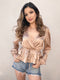 Golden Sun Satin Cross Over Ruffle Blouse