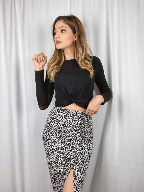 Leopard Print Rouched Grey-Black Midi Skirt