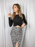 Leopard Print Rouched Grey-Black Midi Skirt