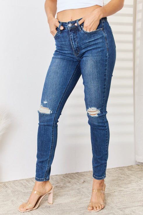 High Waist Distressed Dark Blue Slim Jeans