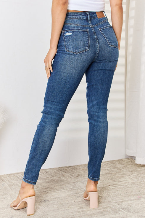 High Waist Distressed Dark Blue Slim Jeans