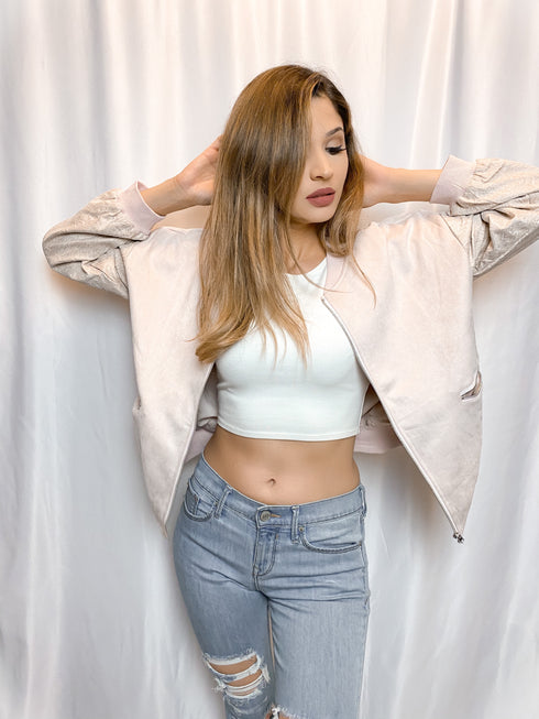 Suede Snakeskin Blush Bomber Jacket