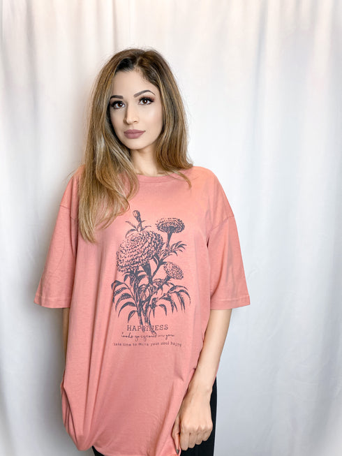 Happiness Wildflower Oversized Pink Graphic Tee