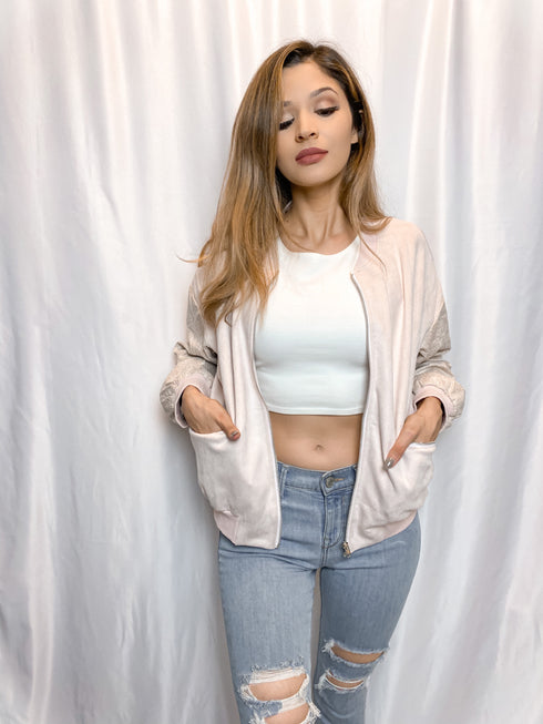 Suede Snakeskin Blush Bomber Jacket